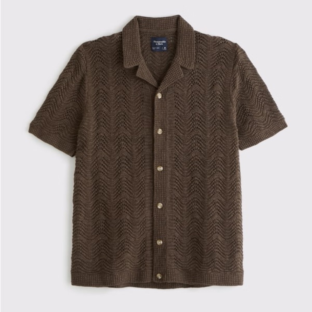 Abercrombie & Fitch Wavy Crochet-Style Full Button Short Sleeve Sweater Polo XL